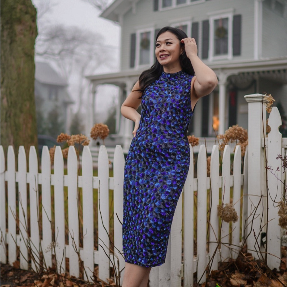 Alice and Olivia midi sequin dress in blue and turquoise